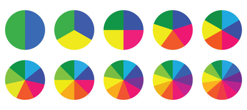 Pie chart color icons. Segment slice sign. Circle section graph. Set of colorful pie charts. Colorful pie charts with varying segments.  Circle chart, circle sections and round donuts chart pieces. 