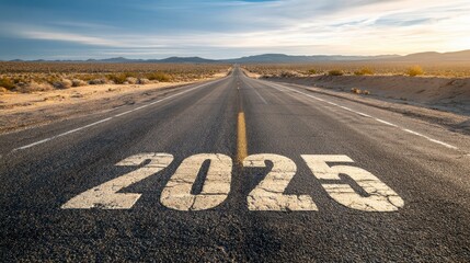 Naklejka premium Long asphalt road with the year 2025 painted prominently, leading towards a sunlit horizon in a vast desert landscape