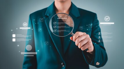 A person in a suit examines data through a magnifying glass, analyzing information and details closely