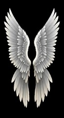 Fototapeta premium White feathered wings displayed against a solid black background.