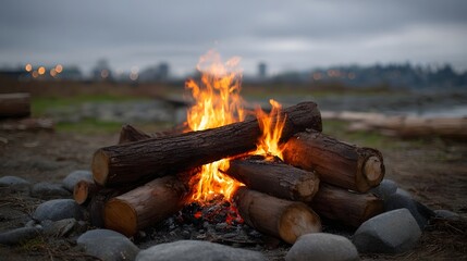 A crackling bonfire burns with glowing logs and embers on a rocky shore at dusk