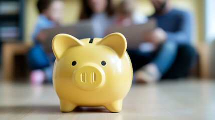 Obraz premium Focused yellow piggy bank on wood surface with blurred family planning behind, symbolizing financial planning, saving for the future, and family financial security.