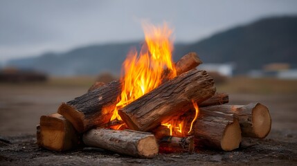 Outdoor bonfire with burning logs and bright flames