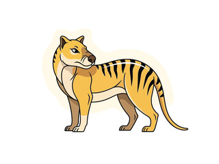 Fototapeta premium A cartoon illustration of an extinct thylacine, also known as a Tasmanian tiger, standing and looking back.