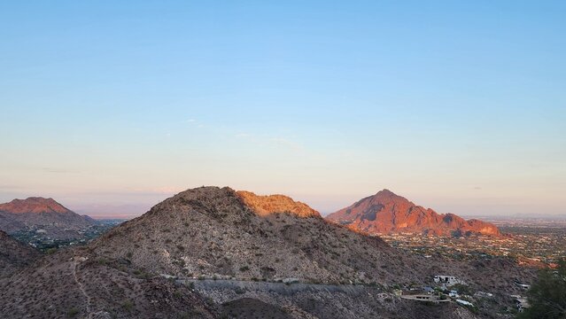 City of Phoenix and Camelback Mountain from Piestewa Peak Park at sunset