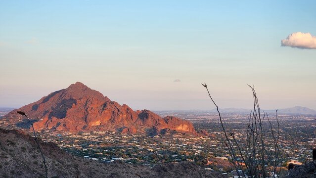 City of Phoenix and Camelback Mountain from Piestewa Peak Park at sunset