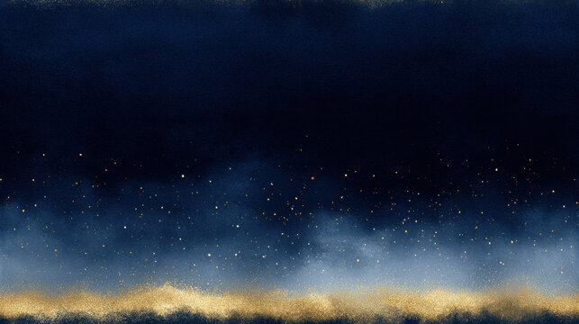 Abstract deep navy watercolor ombre with rich golden shimmer and starry texture forming a luxurious night sky background for premium and festive design