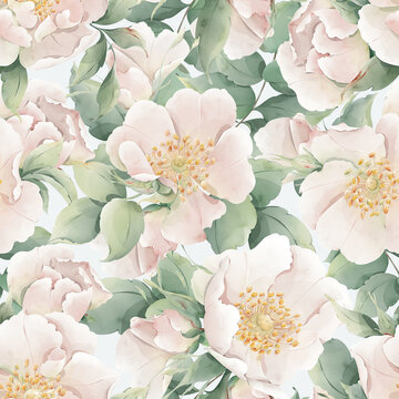 Hand-painted watercolor floral seamless pattern created in Procreate. Delicate botanical illustration featuring Dog-Roses flowers on Ice Blue background. Soft natural textures, artistic 
