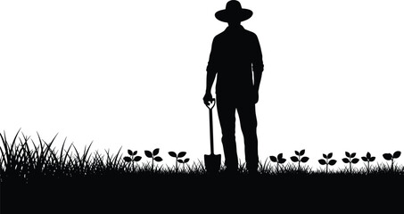 Farmer standing with shovel silhouette in field, agriculture worker and rural farming concept isolated on white background illustration design © MDTAHMID