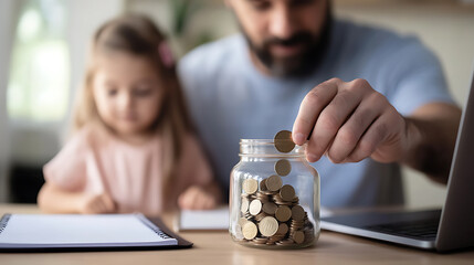 A dad teaches his daughter about saving money by putting coins into a jar. They are sitting at a table with a laptop and notebook, reinforcing the value of financial literacy.