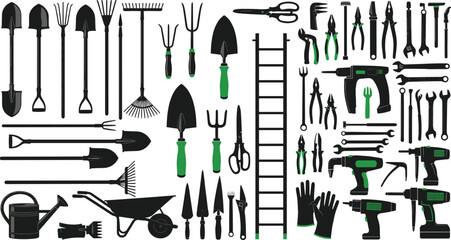 Gardening and construction tools set illustration, shovels rakes drills ladders gloves equipment collection isolated on white background design for projects © MDTAHMID
