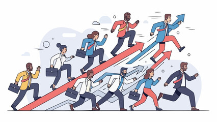 Diverse group of business professionals running up a red arrow graph symbolizing growth and success.