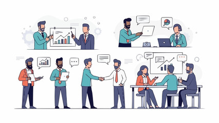 Business professionals collaborating and presenting ideas in a modern office setting.