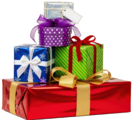 A vibrant stack of rectangular gift boxes, wrapped in glossy paper with diverse patterns including purple polka dots, blue snowflakes, and green stripes, are, isolated on transparent background.
