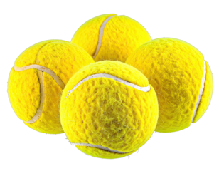Four vibrant yellow tennis balls arranged closely, appearing ready for a game