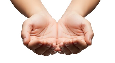 Two open cupped hands are extended upwards on a white background.