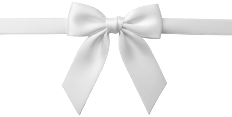 A gracefully formed, pristine white satin bow with flowing ribbons and a delicately knotted center, presented against a , suggesting a decorative accent for gift, isolated on transparent background.