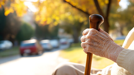 Elderly hands gripping a wooden cane, symbolizing support and independence. Wrinkled skin tells a story of time, set against a background of autumn foliage and blurred cars.