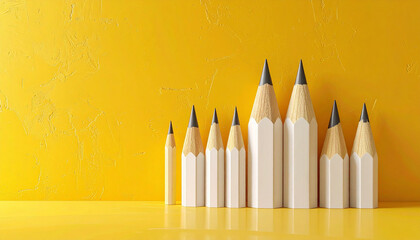 A row of white pencils of varying sizes arranged on a yellow textured background stationery