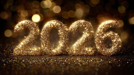 Sparkling digits forming the year 2026, crafted from shimmering gold glitter against a dark backdrop. The numerals glisten brightly with festive bokeh