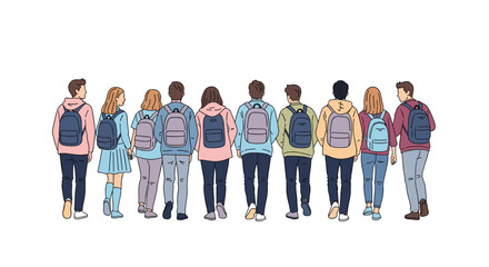 Fototapeta premium Rear view of a diverse group of young male and female students with backpacks walking together in a line, hand-drawn style.