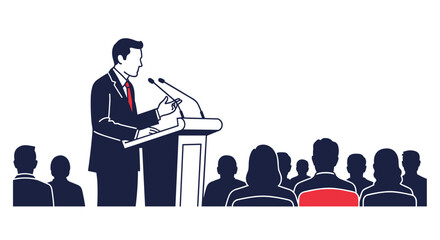 A confident politician or business leader is delivering a powerful speech at a podium to a large, attentive audience.