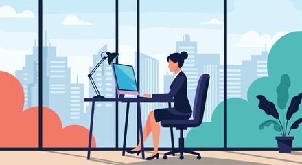 A professional businesswoman is working diligently on her computer at a modern office desk with a large window showing a city view.