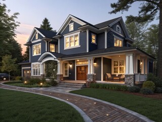 Obraz premium Beautifully maintained two story modern dream home with inviting entrance and lush landscaping