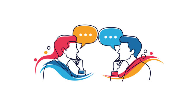 A colorful and dynamic line art illustration of two men thinking and communicating, with speech bubbles representing their dialogue.