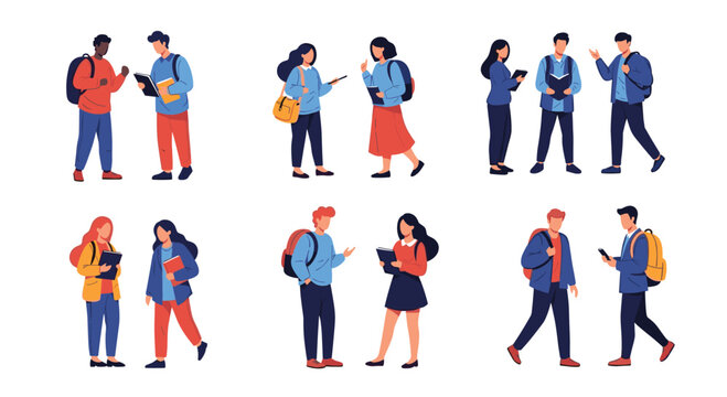 A set of six illustrations showing various pairs of male and female college students talking, walking, and interacting on campus.
