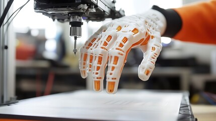3D printed robotic hand working on a project in a workshop setting during daylight hours