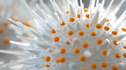 Close view of a detailed microscopic structure showing intricate patterns and bright orange spots on a white surface