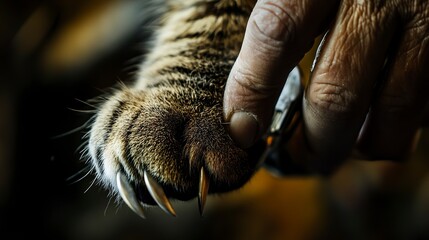 Tiger paw is being trimmed by a hand in a close view during a grooming session at a wildlife facility in the afternoon