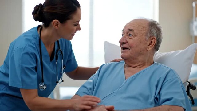 Compassionate nurse comforting senior male patient in hospital bed