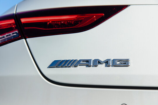 December 9, 2021, Seoul, South Korea - The AMG logo on the rear of a white Mercedes-Benz CLA 45S car.