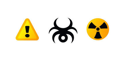 Warning sign, biohazard symbol, and radiation symbol in row on transparency background, representing danger, hazardous materials, and toxic substances, evoking caution and alertness