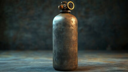 Detailed view of a metal gas cylinder used for various applications displayed in a dimly lit industrial setting