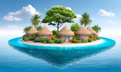 Fototapeta premium Floating Tropical Island with Sustainable Lodges and Lush Greenery in Crystal Waters
