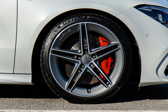 December 9, 2021, Seoul, South Korea - A close-up of the AMG alloy wheel and red brake caliper on a white Mercedes-Benz CLA 45S.