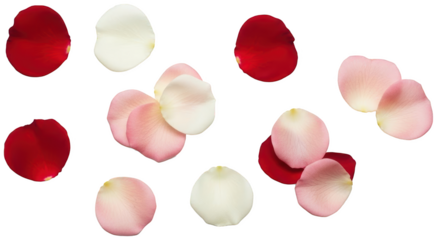 Delicate, vibrant, and individually presented rose petals in shades of deep crimson, soft blush pink, and pristine white, crafted from a velvety floral material,, isolated on transparent background.
