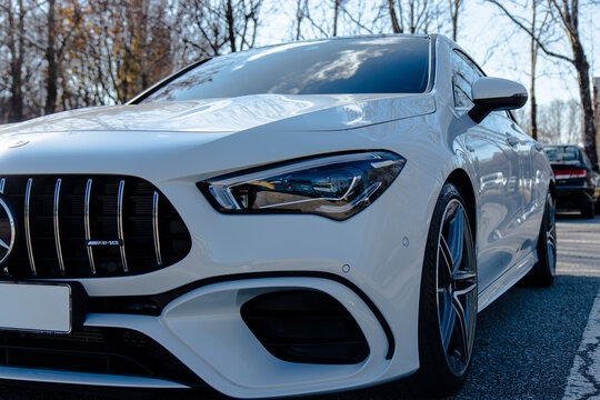 December 9, 2021, Seoul, South Korea - A white Mercedes-AMG CLA 45 S parked outdoors.