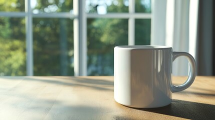 Warm sunlight shines on a white mug placed on a wooden table by the window in the morning