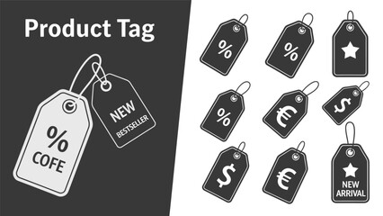 Collection of diverse product tags and price labels for retail and e-commerce marketing