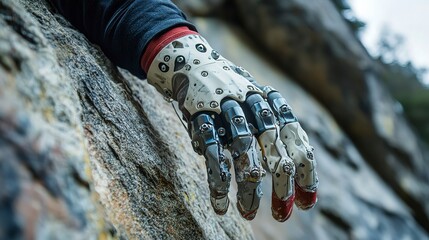 Climber uses robotic hand to grip a rock surface during an ascent in a mountainous area