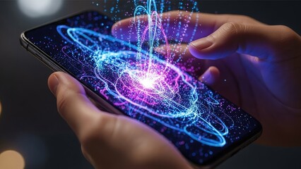 Hands Holding Smartphone Interacting with Futuristic Digital Technology Interface