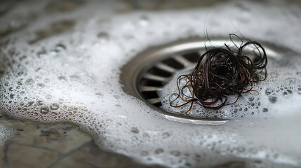 Clogged drain with hair and soap. A common household problem shows a bunch of tangled dark hair near a drain surrounded by white soap bubbles. Close up shot.