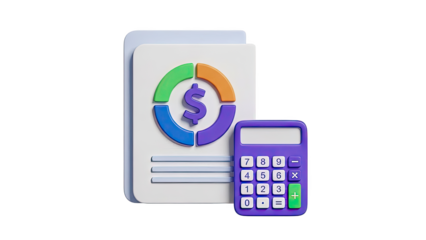 3D Calculator and Pie Chart with Dollar Sign on transparent background