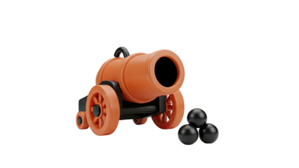 3D Cartoon Cannon with Cannonballs on transparent background