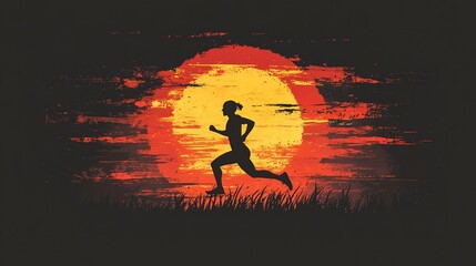 Runner moves through landscape with sunset in background and warm colors illuminating the scene at evening time