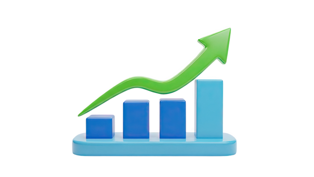 3D Bar Chart with Upward Trending Arrow on transparent background - Powered by Adobe